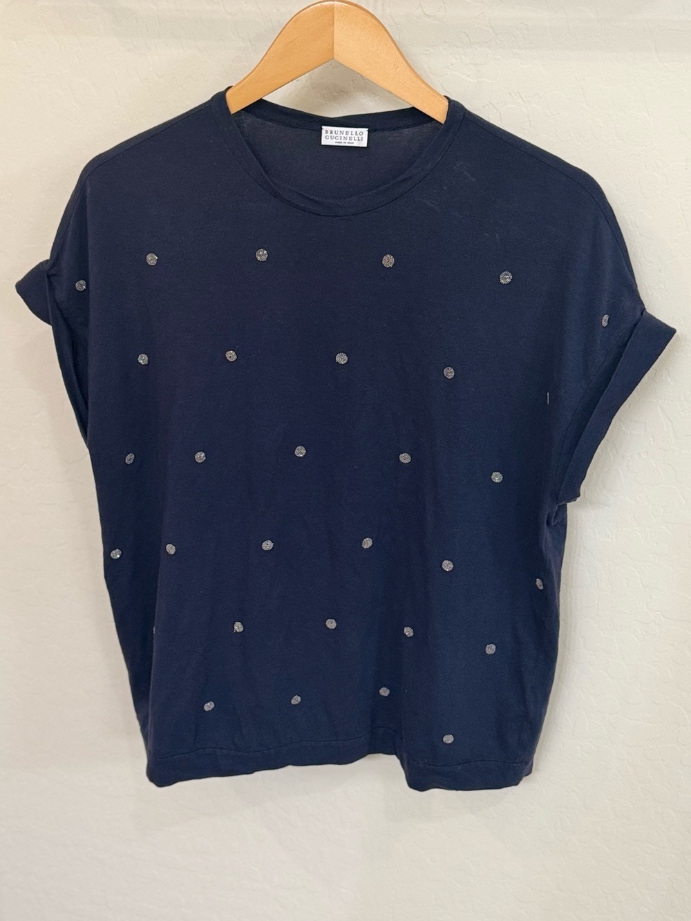 Brunello Cucinelli Navy Blue Monili Bead Embellished Crewneck T-Shirt Large